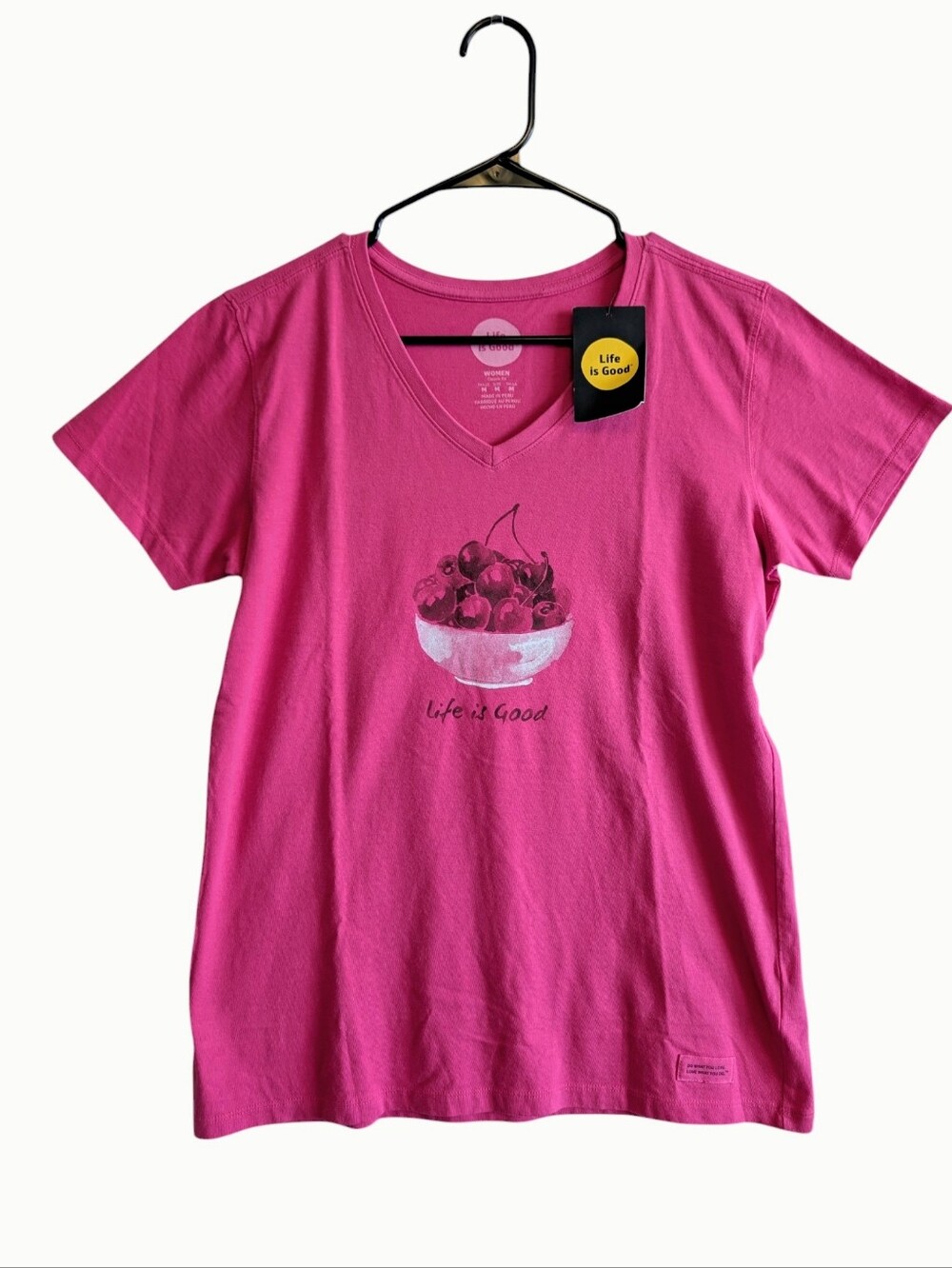 Life Is Good Women Med T-Shirt Classic Fit Pink Cherry Bowl Graphic 100% Cotton